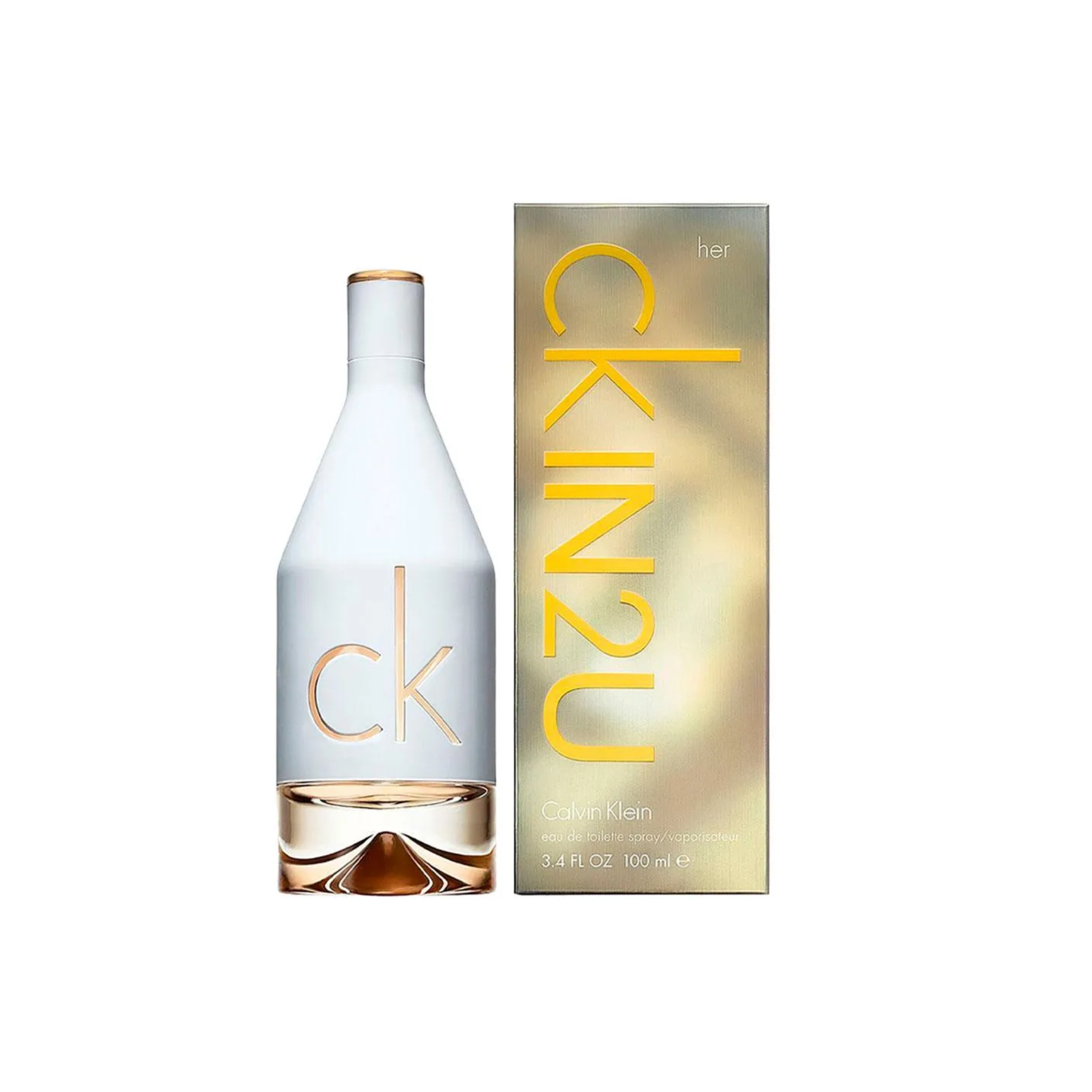 perfume de marca calvin kelin, contiene 100 ml y su empaque es de color dorado con plateado y blanco, es un perfume para mujer