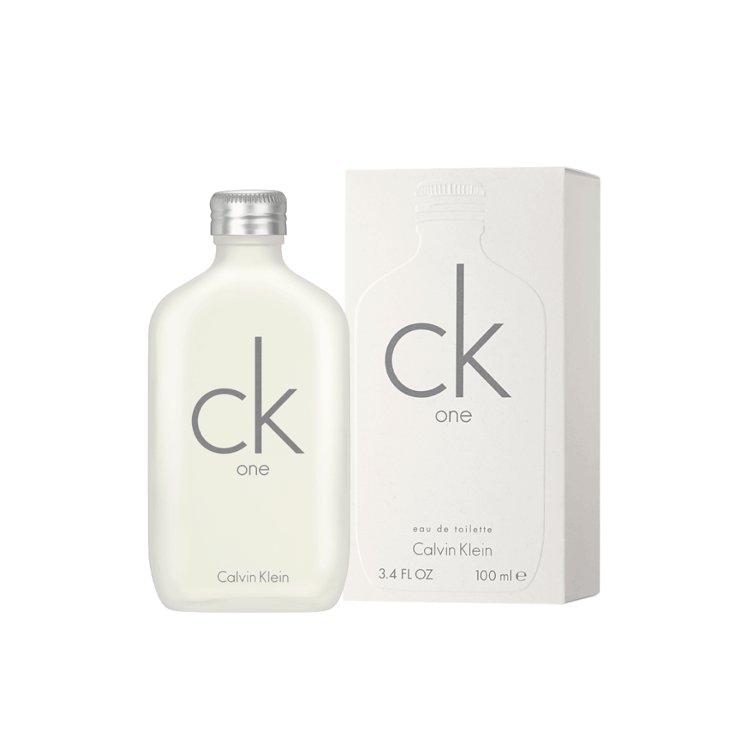 perfume de marca Calvin klein, contiene 100 ml y su empaque es de color blanco, es un perfume unisex