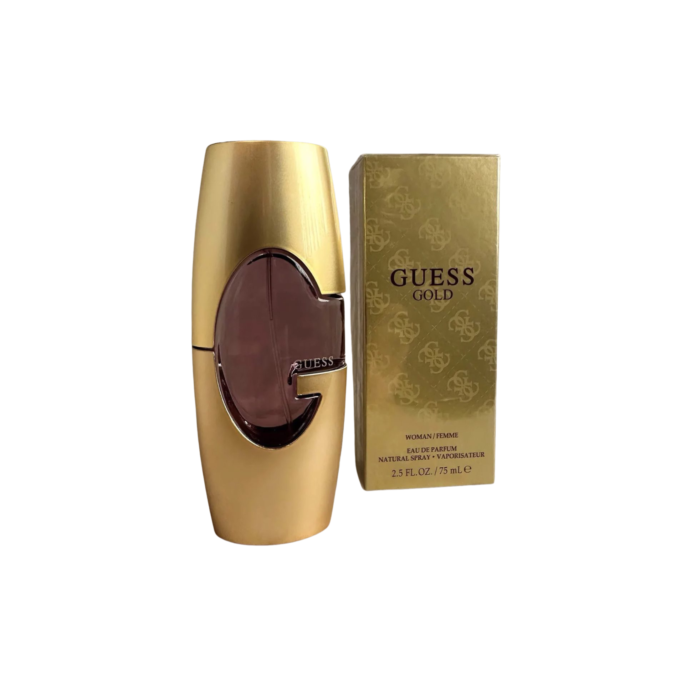 perfume de marca guess, contiene 75ml y su empaque es de color dorado, es un perfume para mujer