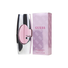perfume de marca guess, contiene 75 ml y su empaque es de color rosado, es un perfume para mujer