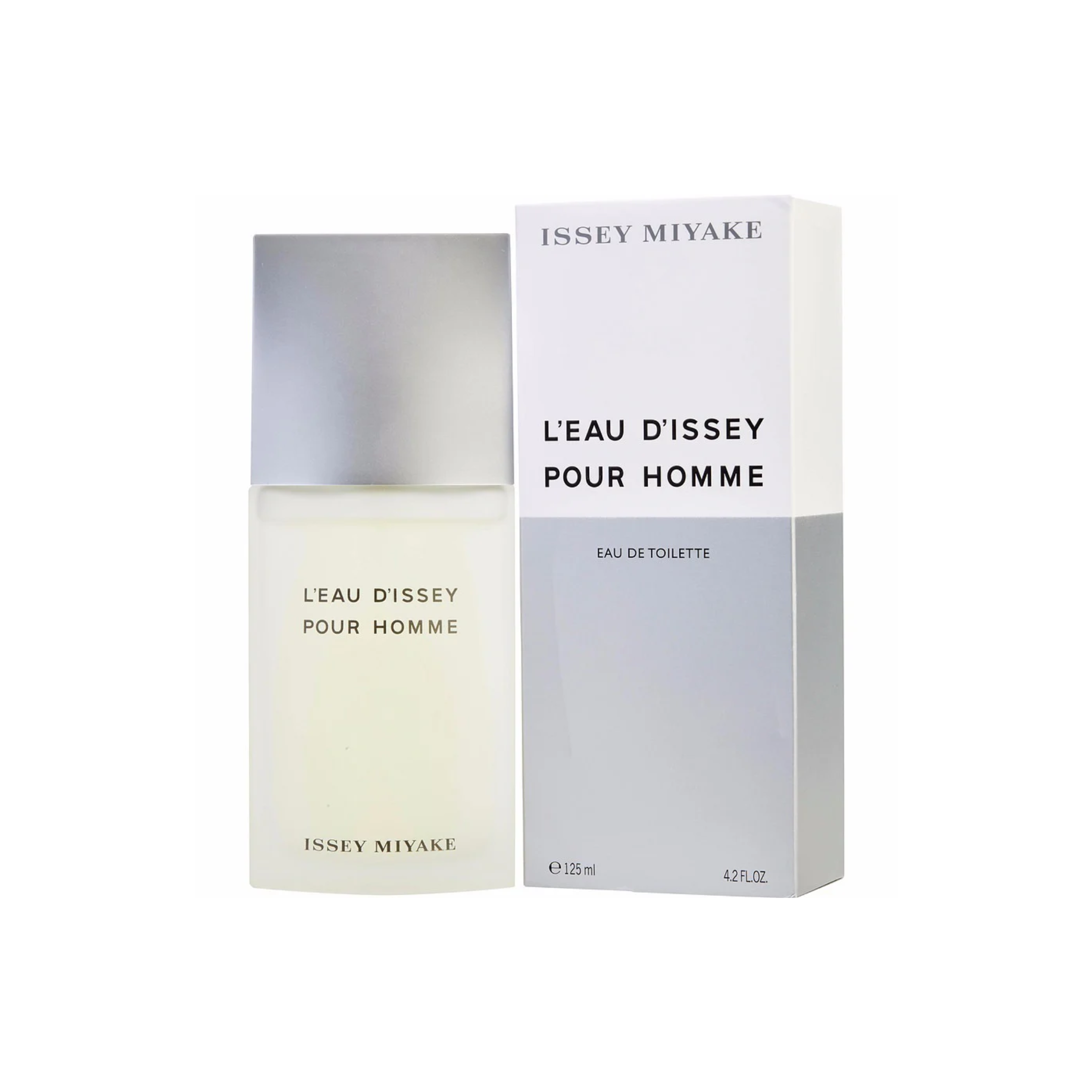 perfume de marca issey miyake, contiene 125 ml y su empaque es de color blanco con gris, es un perfume para hombre