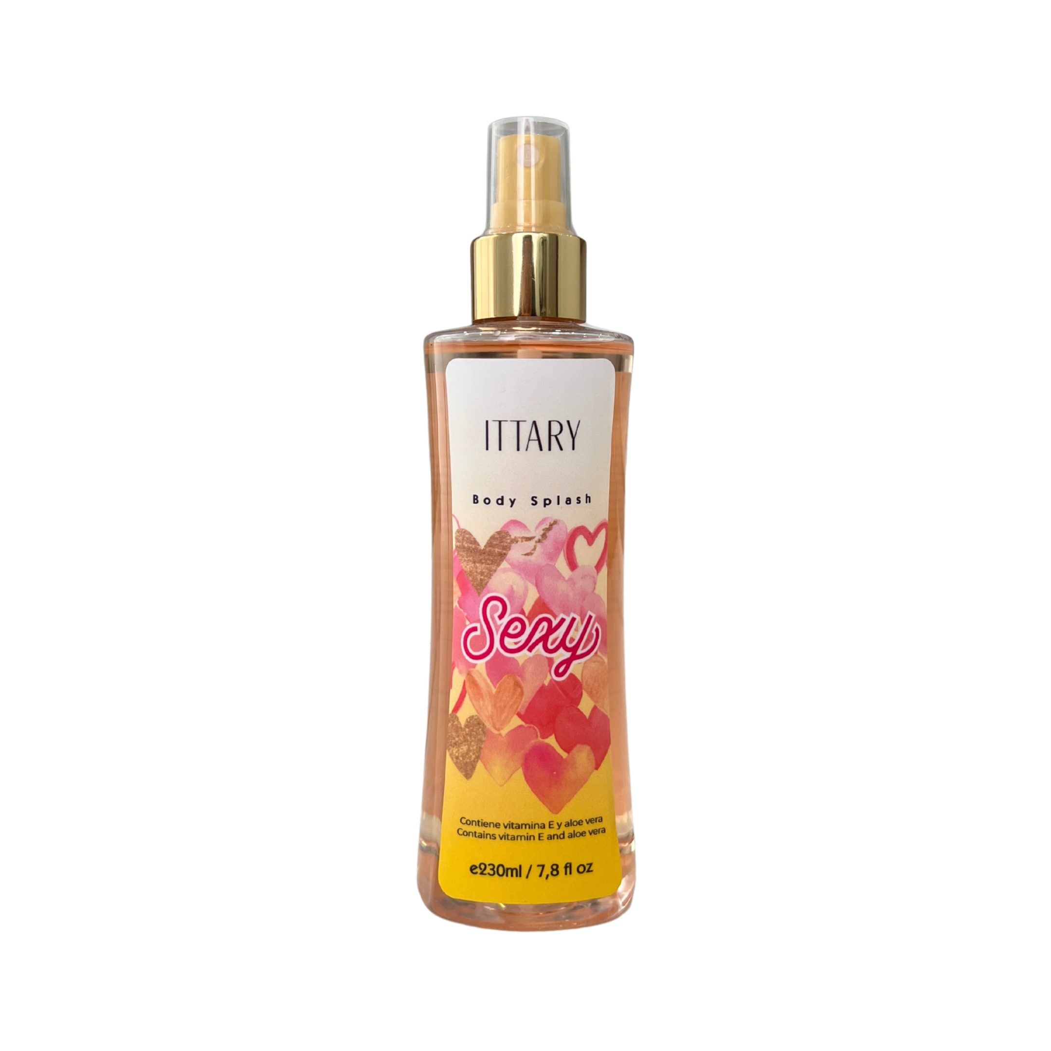 Body splash marca ittary con aroma floral frutal de color amarillo con fucsia de 230 ml para mujer