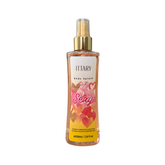 Body splash marca ittary con aroma floral frutal de color amarillo con fucsia de 230 ml para mujer