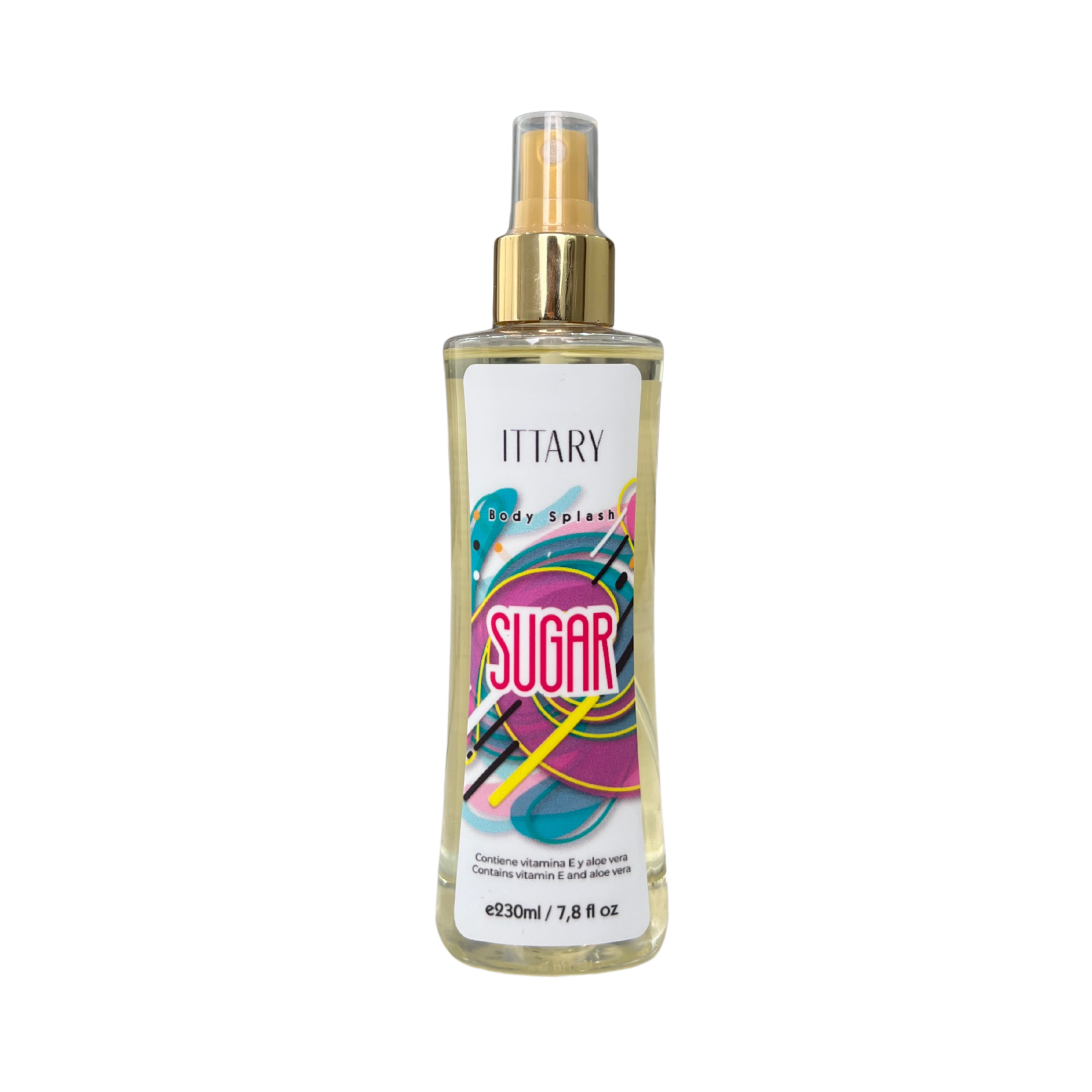 Body splash marca ittary con aroma gourmand de color blanco con amarillo de 230 ml para mujer