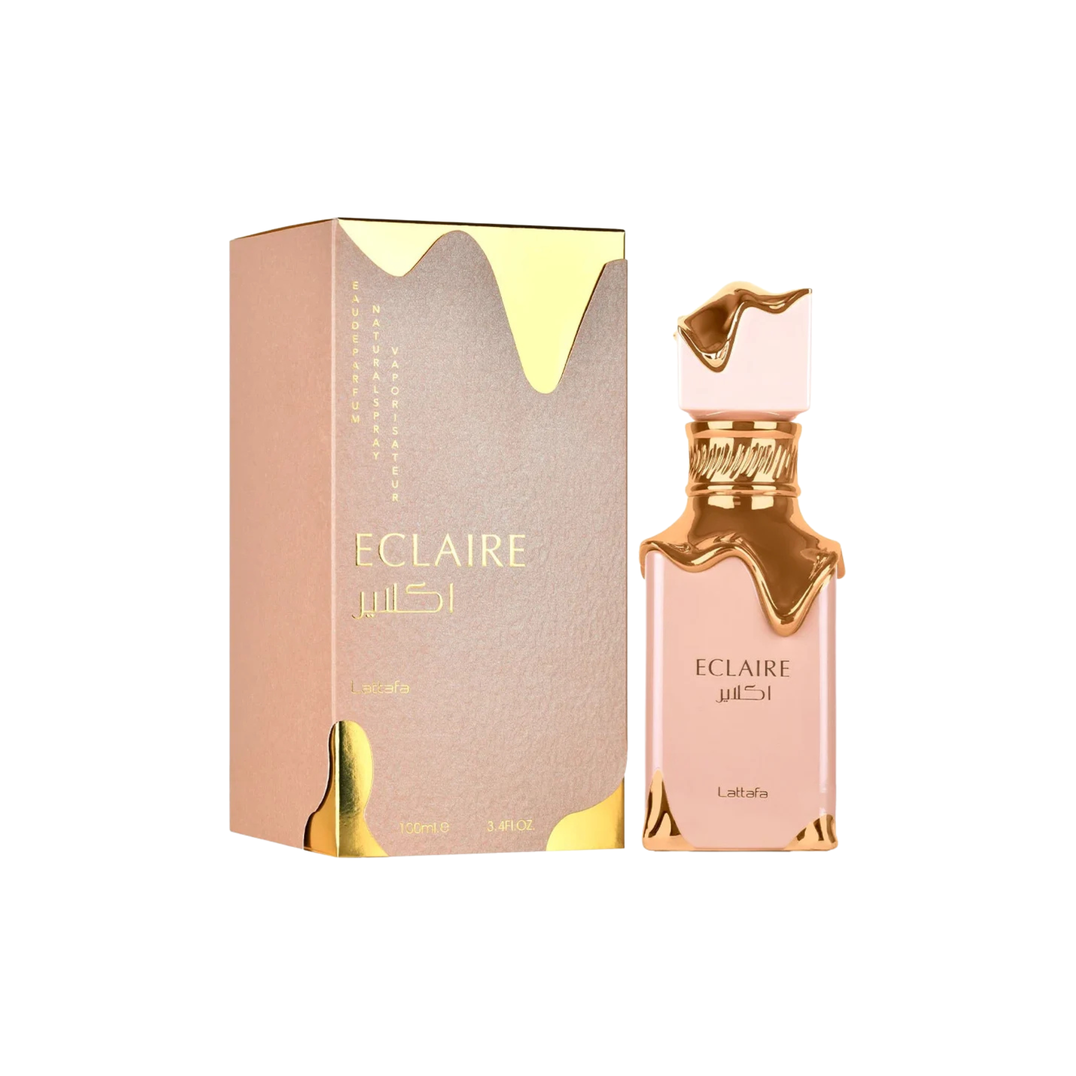 perfume de marca lattafa, contiene 100 ml y su empaque es de color rosado con dorado, es un perfume para mujer