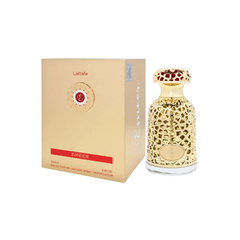 perfume de marca lattafa, contiene 100 ml y su empaque es de color dorado, es un perfume unisex