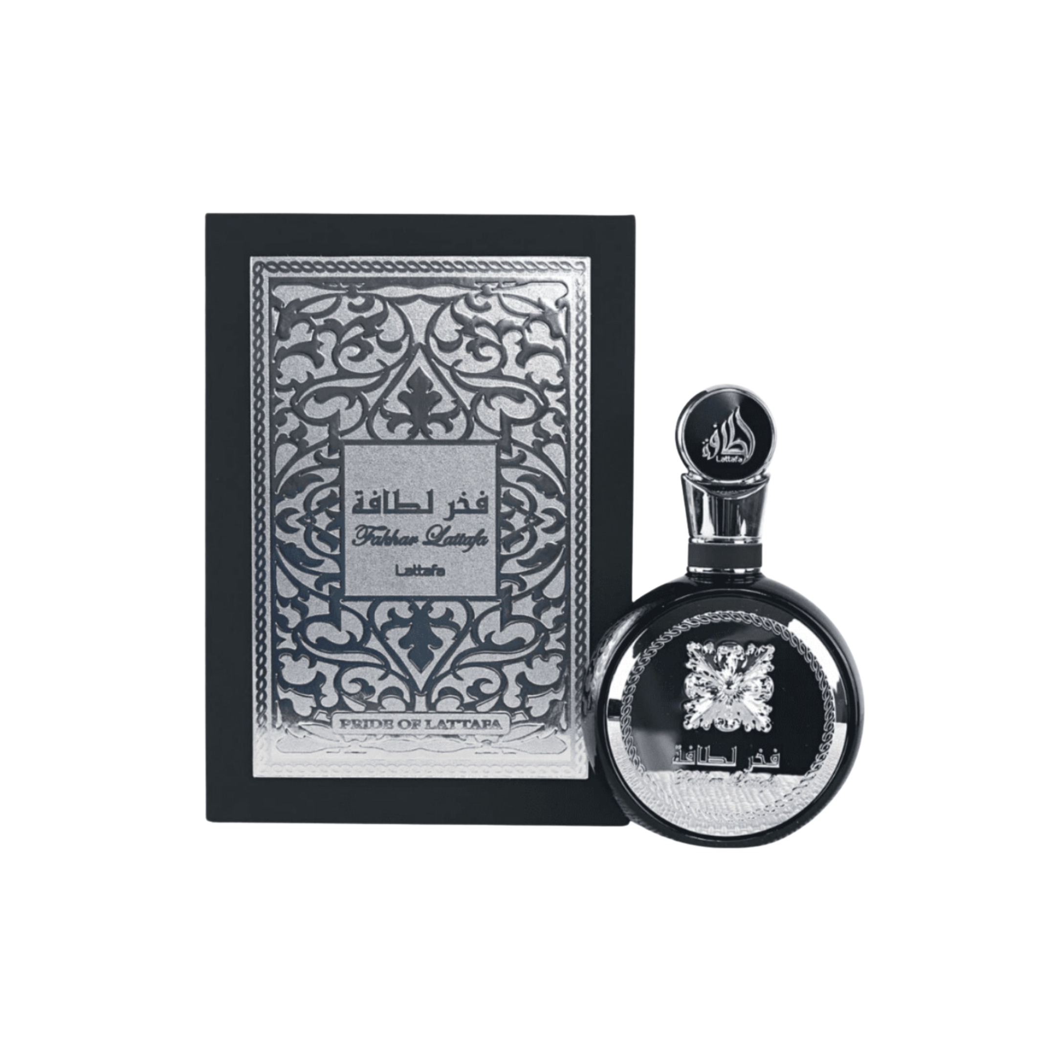 perfume de marca lattafa, contiene 100 ml y su empaque es de color negro con plateado, es un perfume para hombre