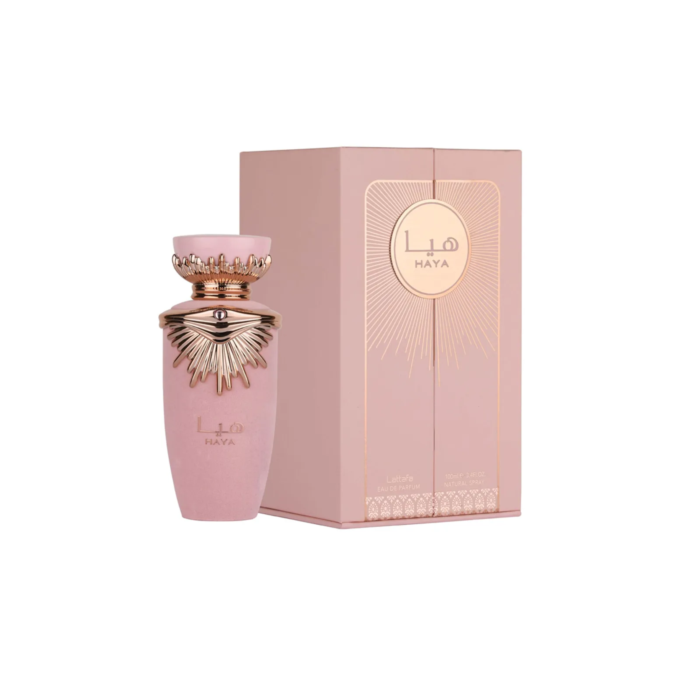 perfume de marca lattafa, contiene 100 ml y su empaque es de color rosado, es un perfume para mujer