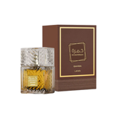 perfume de marca lattafa, contiene 100 ml y su empaque es de color cafe con dorado, es un perfume unisex