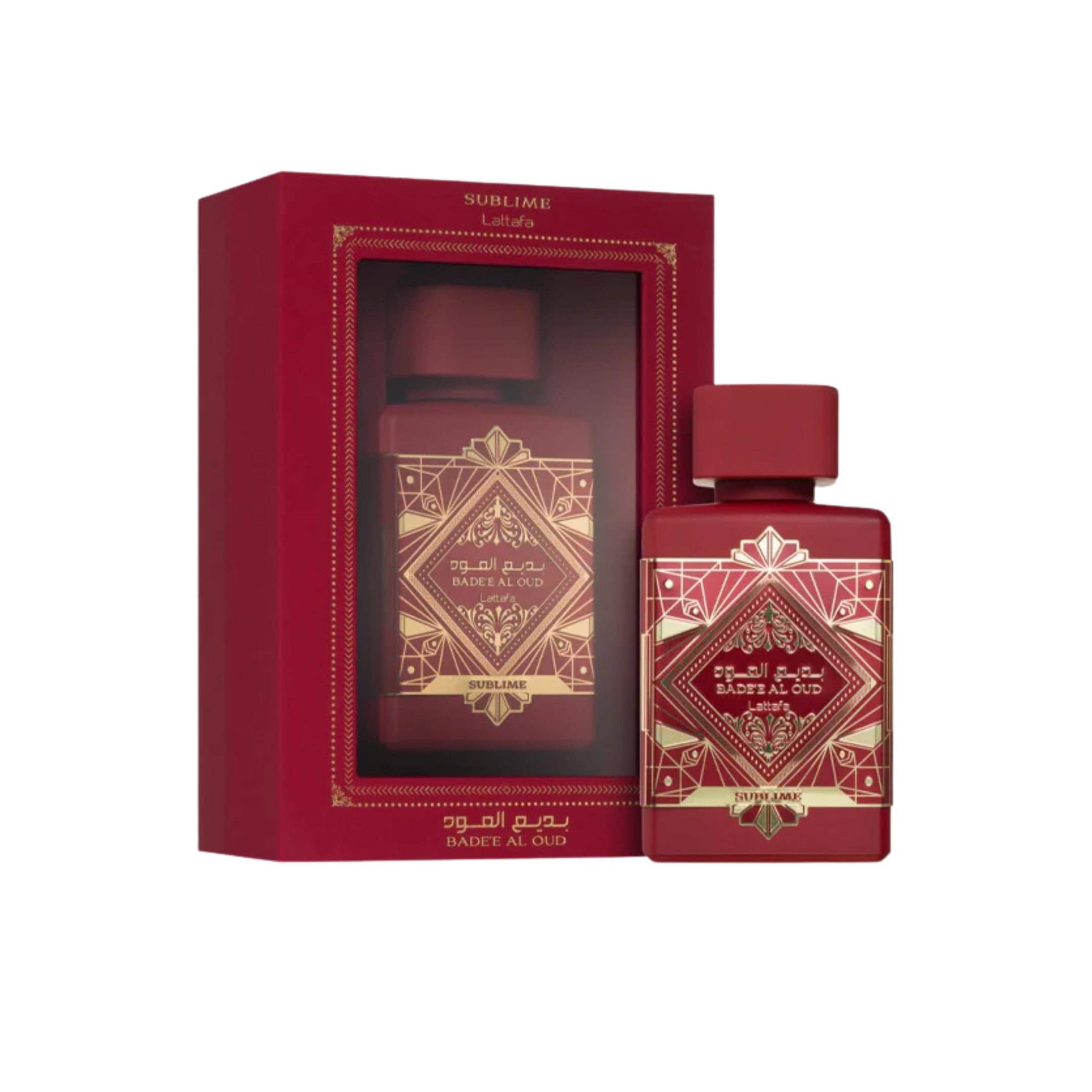 perfume de marca lattafa, contiene 100 ml y su empaque es de color rojo, es un perfume unisex