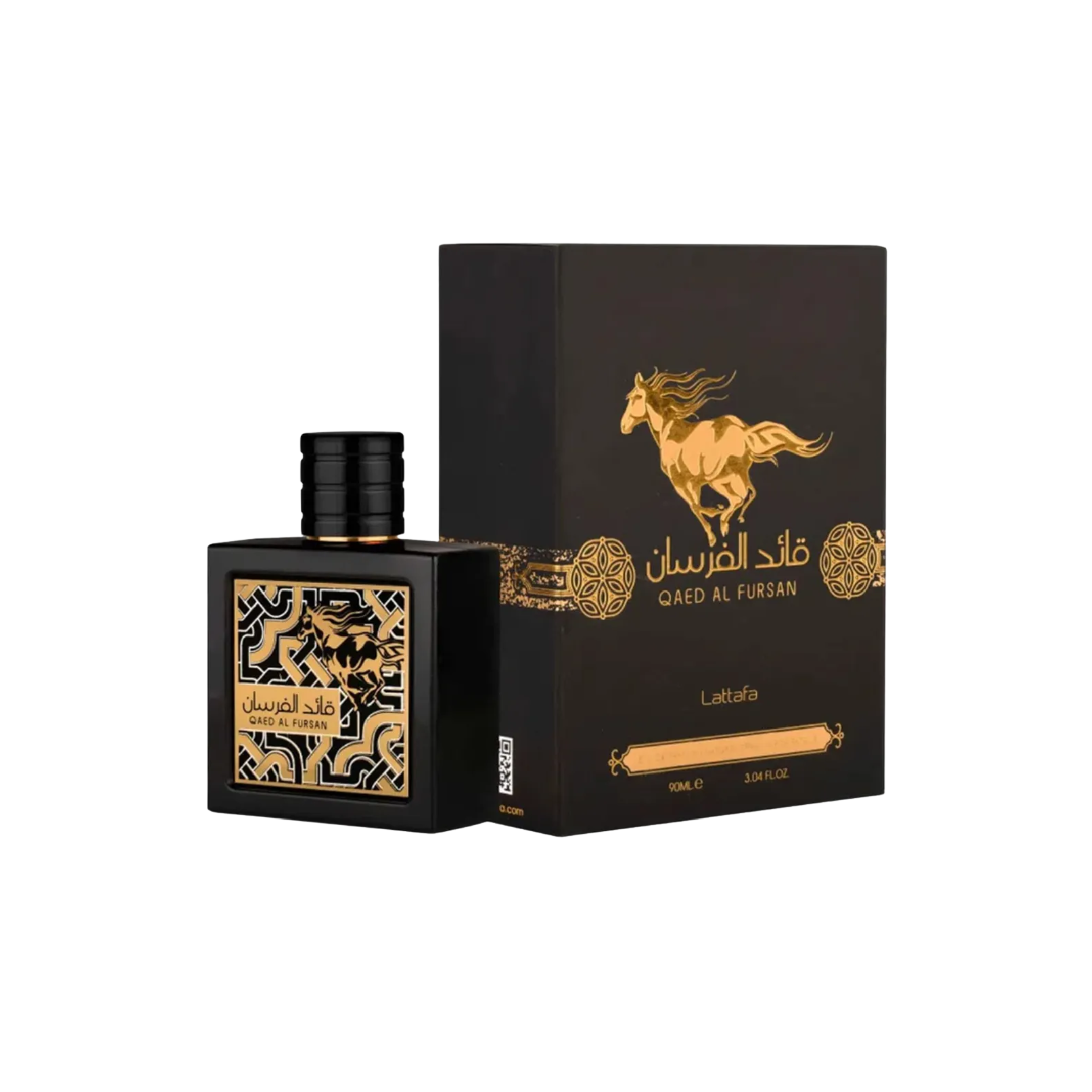 perfume de marca lattafa, contiene 90ml y su empaque es de color negro con dorado, es un perfume para hombre