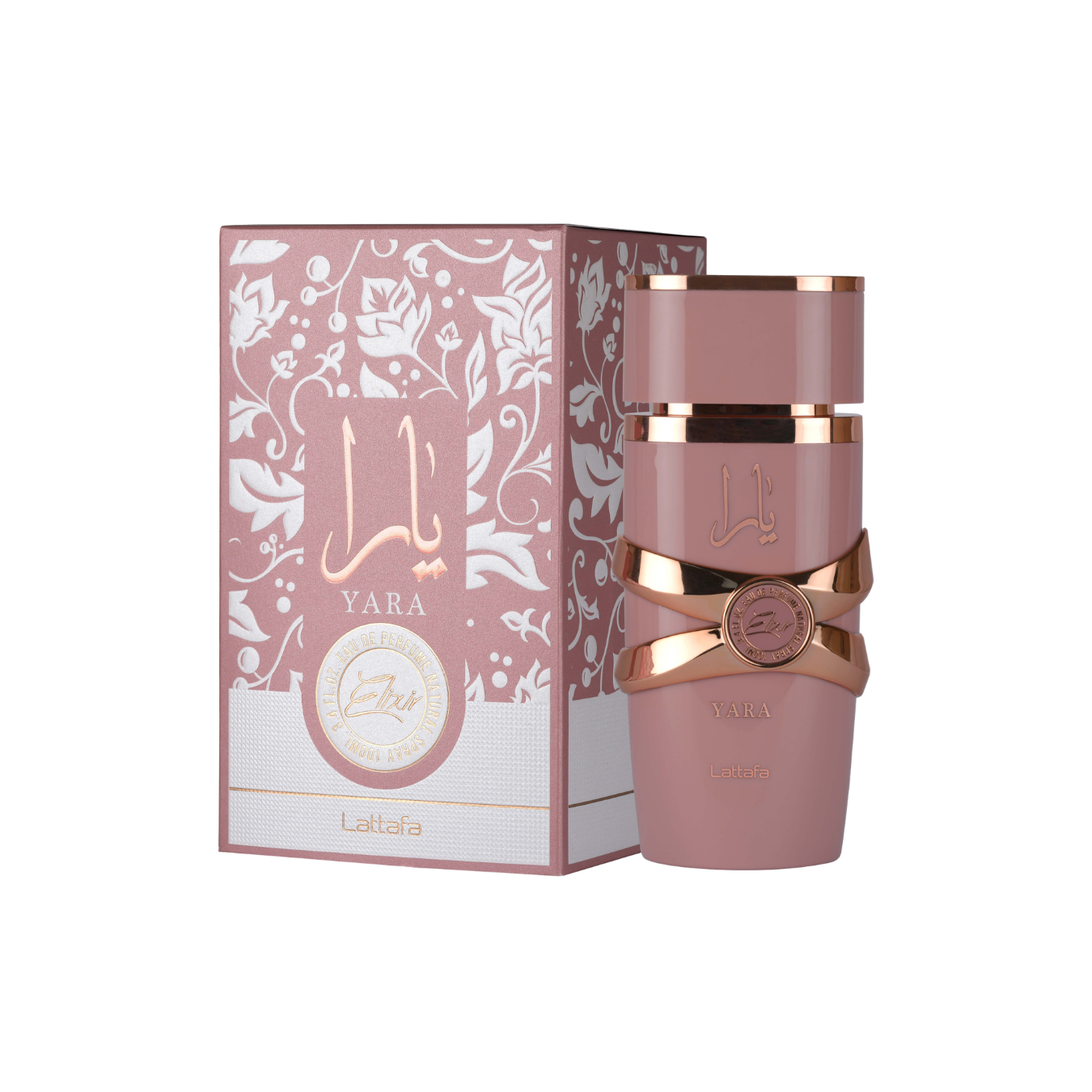 perfume de marca lattafa, contiene 100 ml y su empaque es de color rosado, es un perfume para mujer