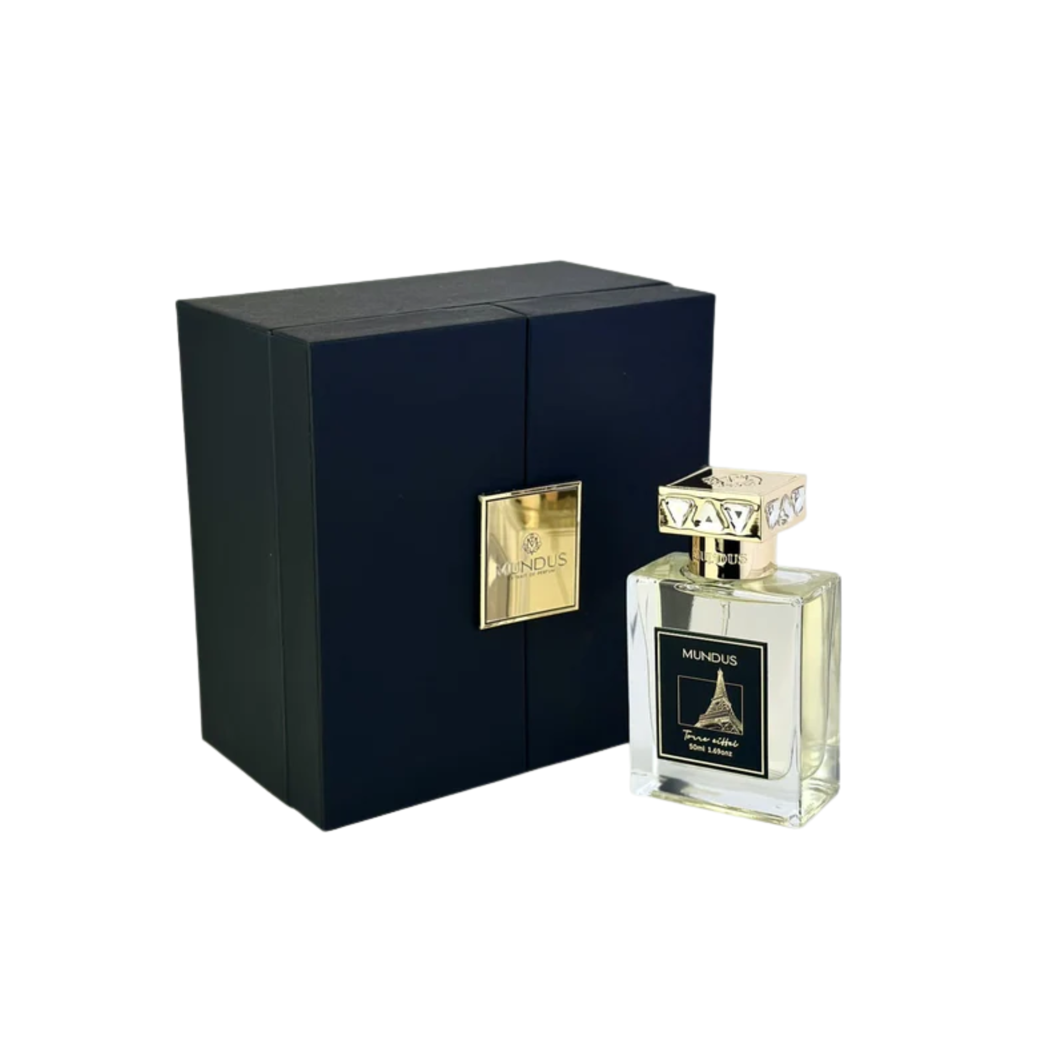 perfume de marca mudus, contiene 50 ml y su empaque es de color negro, es un perfume unisex