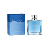 perfume de marca nautica, contiene 100 ml y su empaque es de color azul, es un perfume para hombre