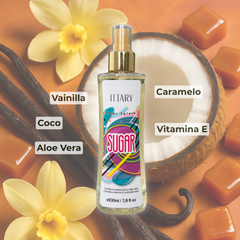 Body splash marca ittary con aroma gourmand de color blanco con amarillo de 230 ml para mujer