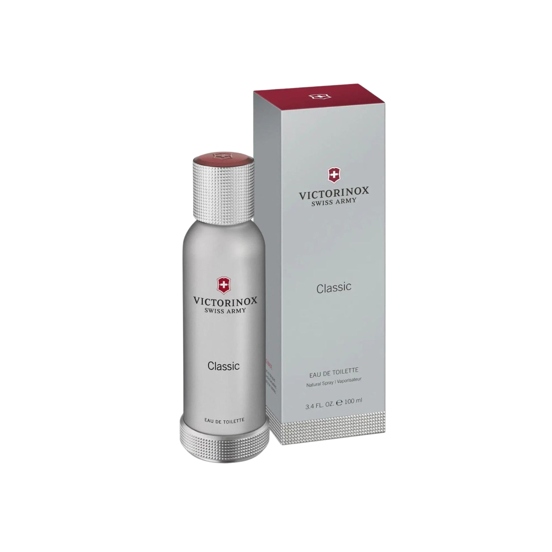 perfume de marca victorinox, contiene 100 ml y su empaque es de color plateado con rojo, es un perfume para hombre