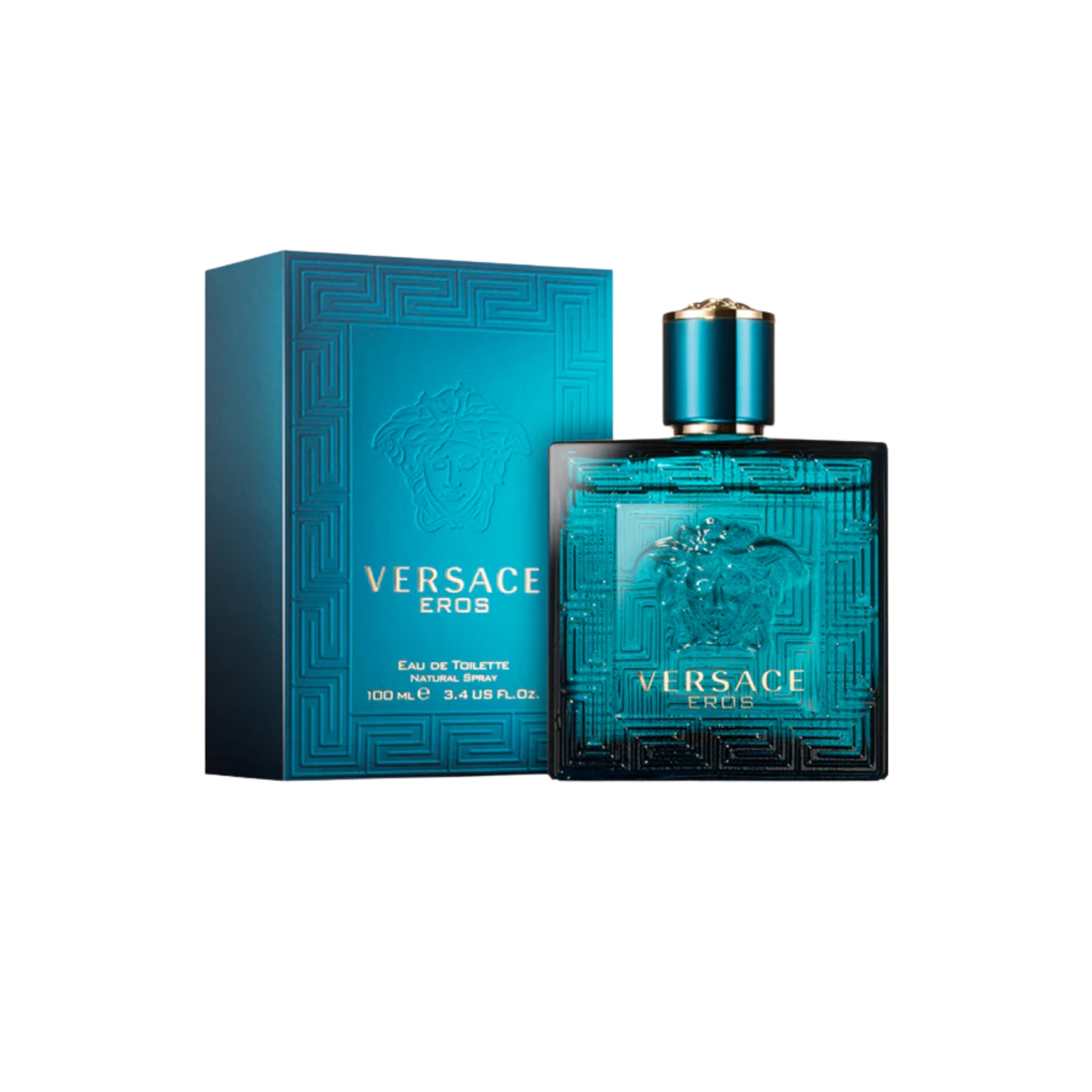 perfume de marca versace, contiene 100 ml y su empaque es de color azul con dorado, es un perfume para hombre