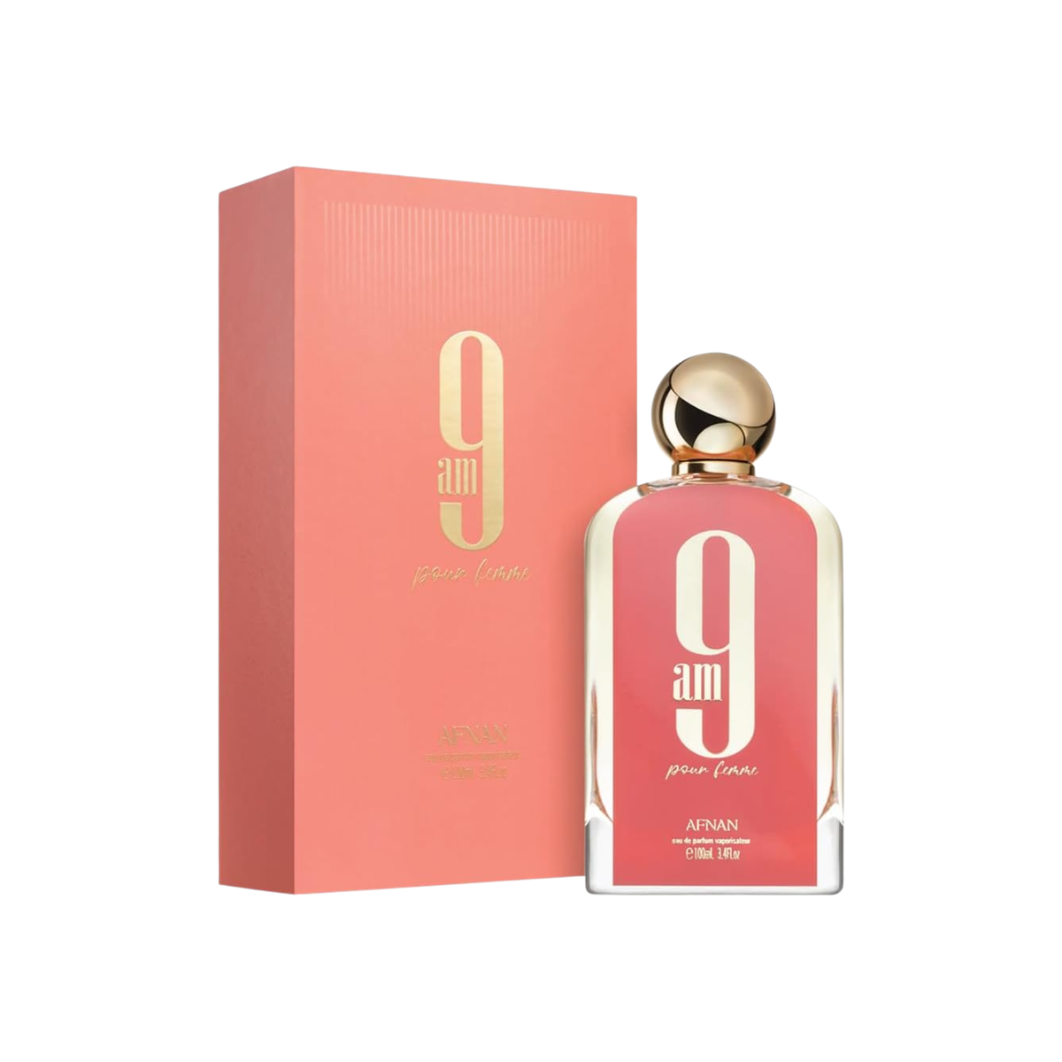 perfume de marca afnan, contiene 100 ml y su empaque es de color salmon, es un perfume para mujer
