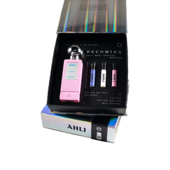 perfume de marca ahli, estuche de edicion limitada y su empaque es de color rosado, es un perfume para mujer