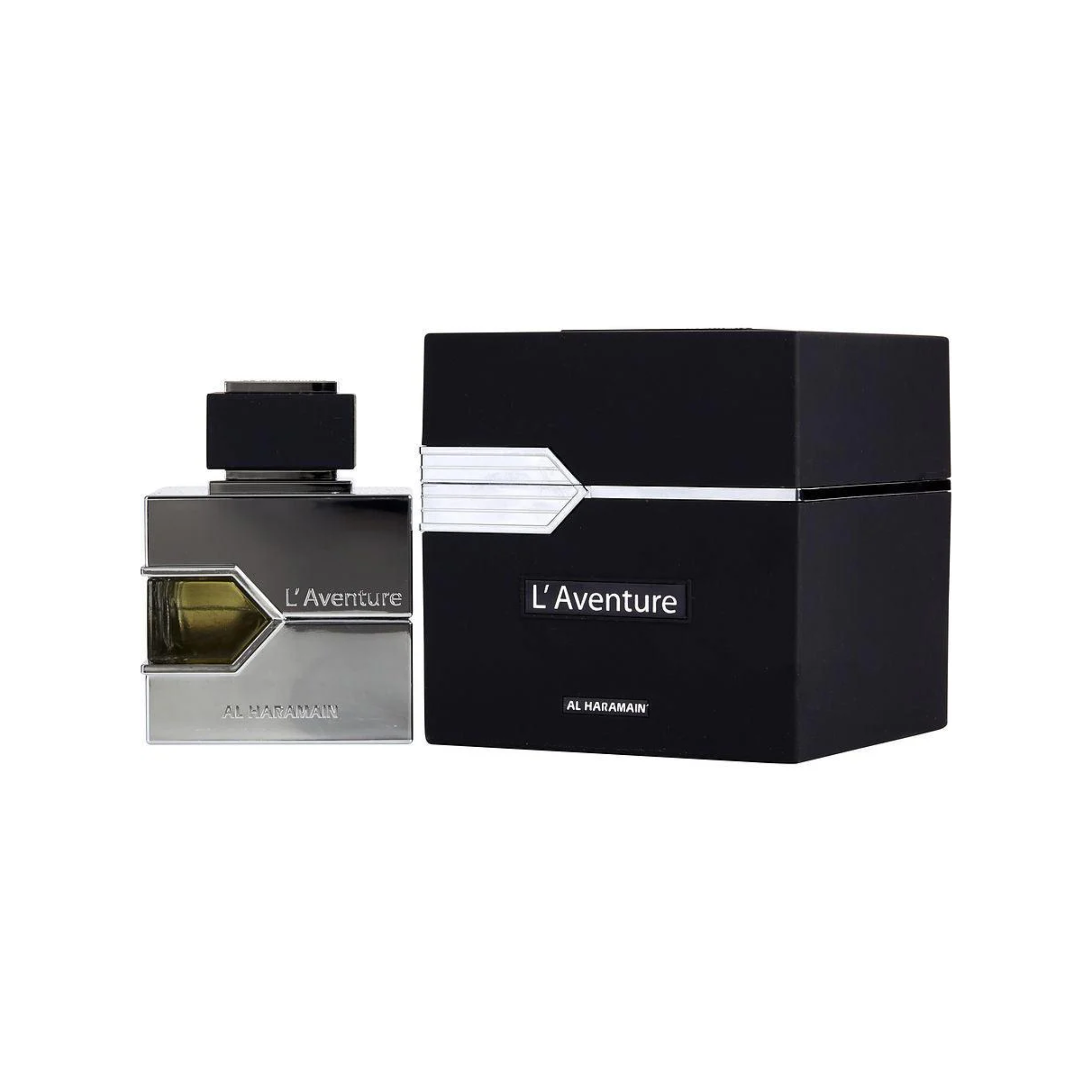 perfume de marca al haramain, contiene 100 ml y su empaque es de color negro con plateado, es un perfume para hombre
