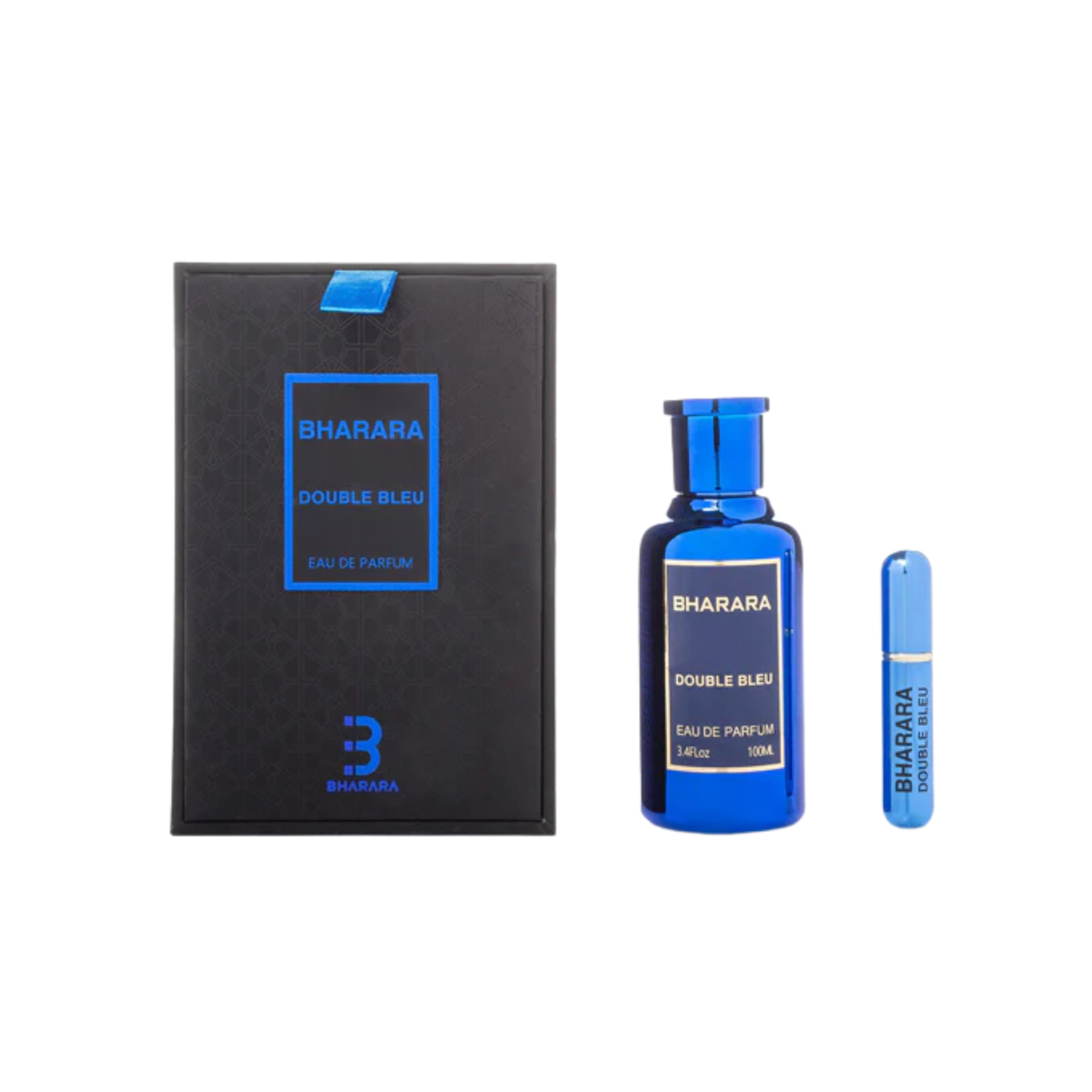 perfume de marca bharara, contiene 100 ml y su empaque es de color azul con negro, es un perfume para hombre