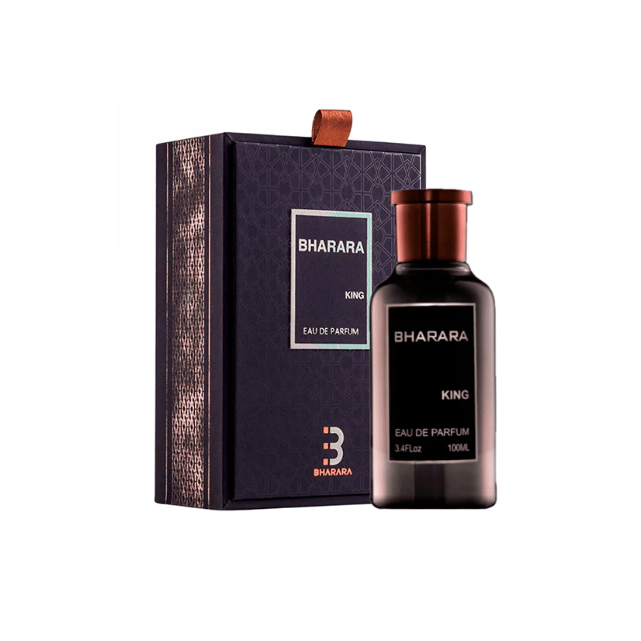 perfume de marca bharara, contiene 100 ml y su empaque es de color negro con dorado, es un perfume para hombre