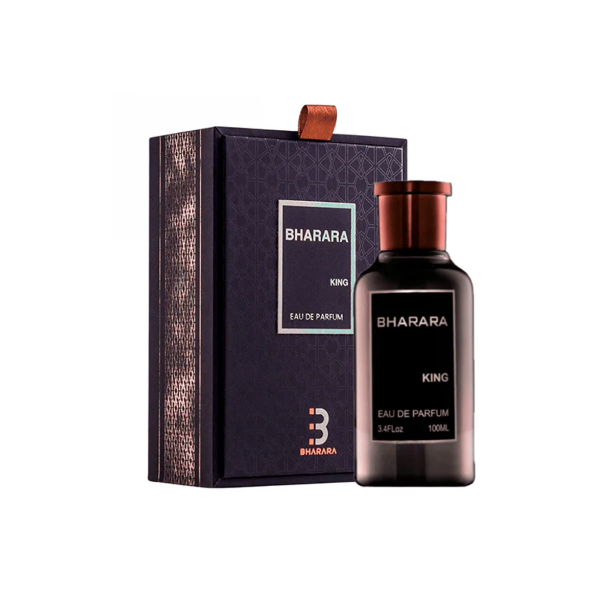 perfume de marca bharara, contiene 100 ml y su empaque es de color negro con dorado, es un perfume para hombre