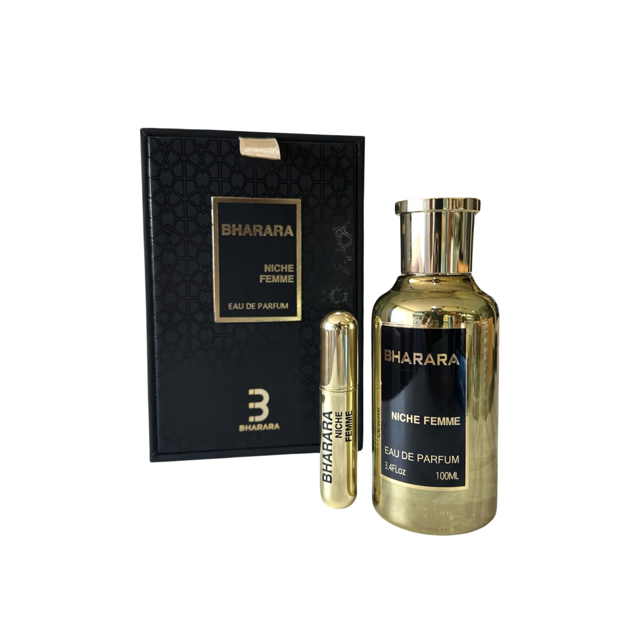 perfume de marca bharara, contiene 100 ml y su empaque es de color negro con dorado, es un perfume para mujer
