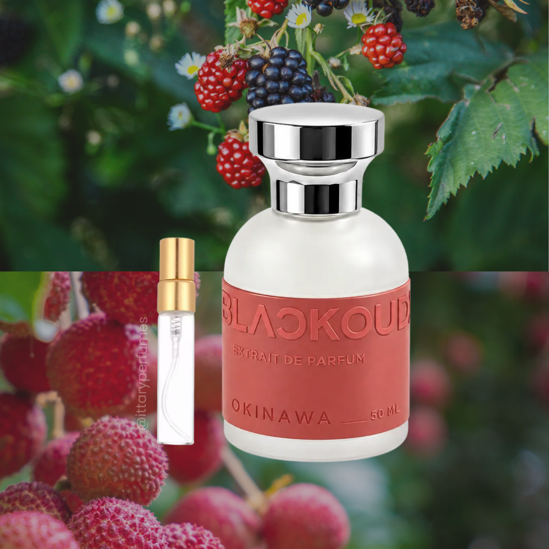 perfume de marca blackoud, contiene muestra de 5 ml y su empaque es de color rosado, es un perfume para mujer.