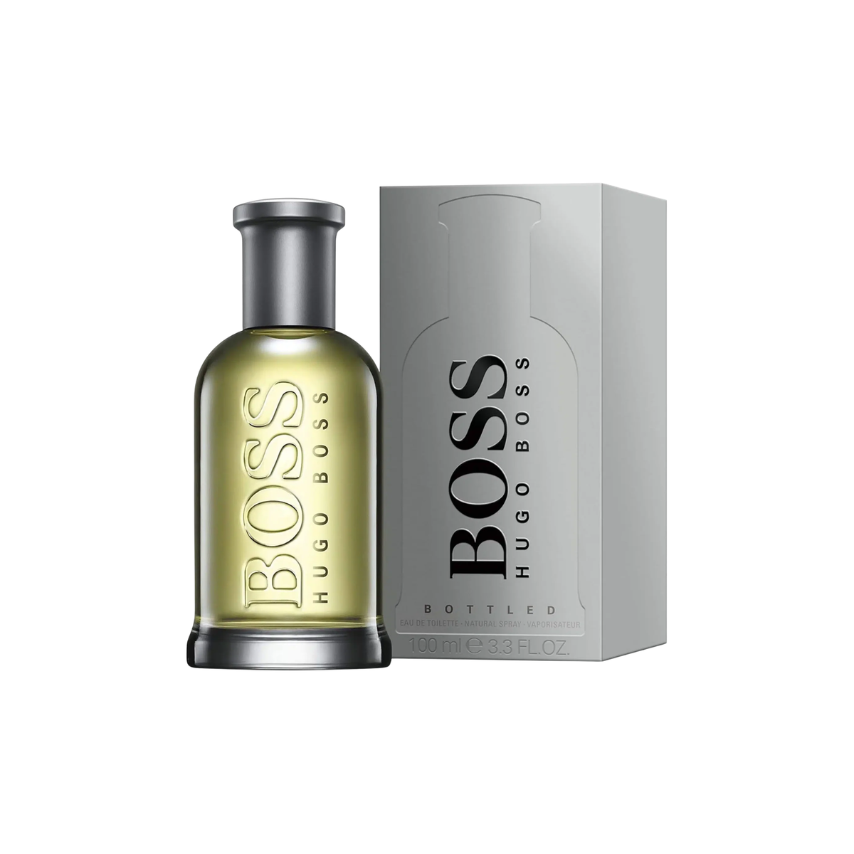 perfume de marca higo boss, contiene 100 ml y su empaque es de color gris, es un perfume unisex
