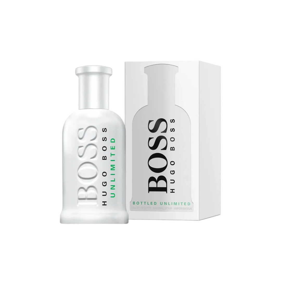 perfume de marca hugo boss, contiene 100 ml y su empaque es de color blanco, es un perfume para hombre
