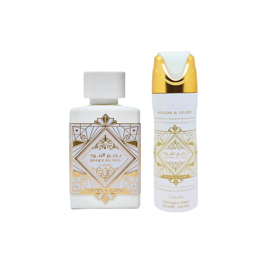 Combo Lattafa honor y glory, perfume de 100ml  y spray corporal de 200ml
