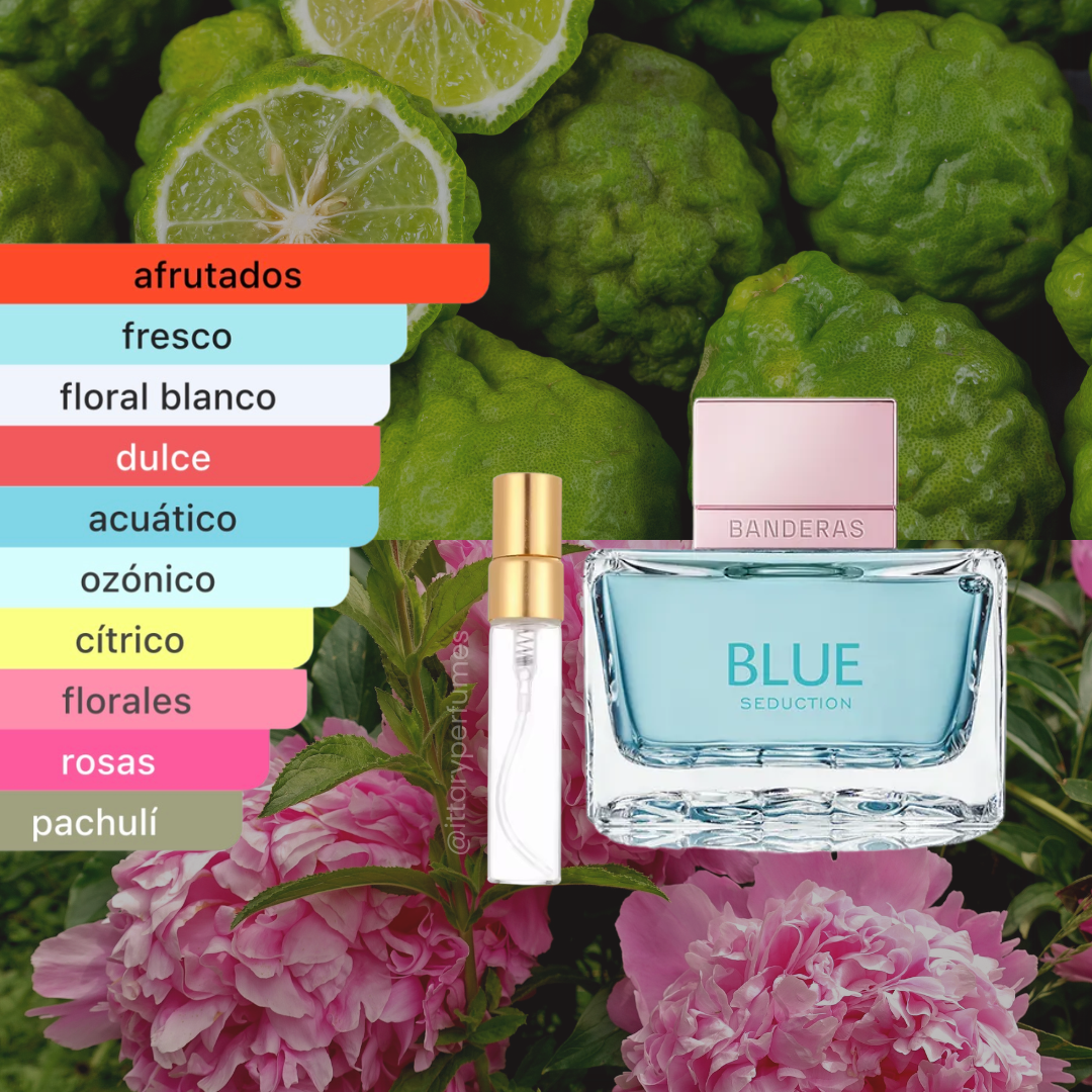 perfume de marca Antionio Banderas, contiene muestra de 5 ml y su empaque es de color azul, es un perfume para mujer
