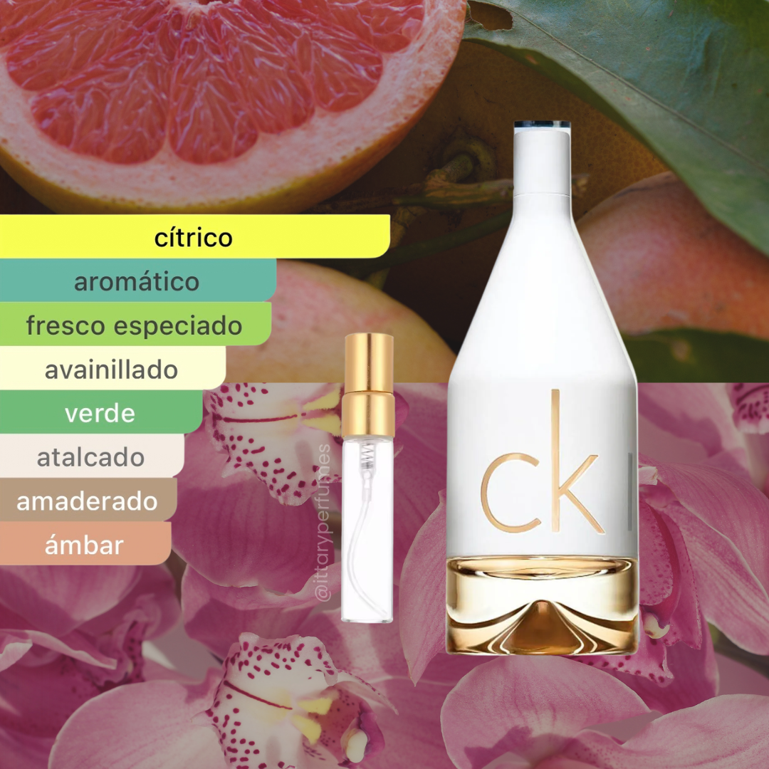 perfume de marca calvon klein, contiene muestra de 5 ml y  es un perfume para mujer.