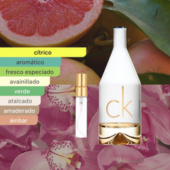 perfume de marca calvon klein, contiene muestra de 5 ml y  es un perfume para mujer.