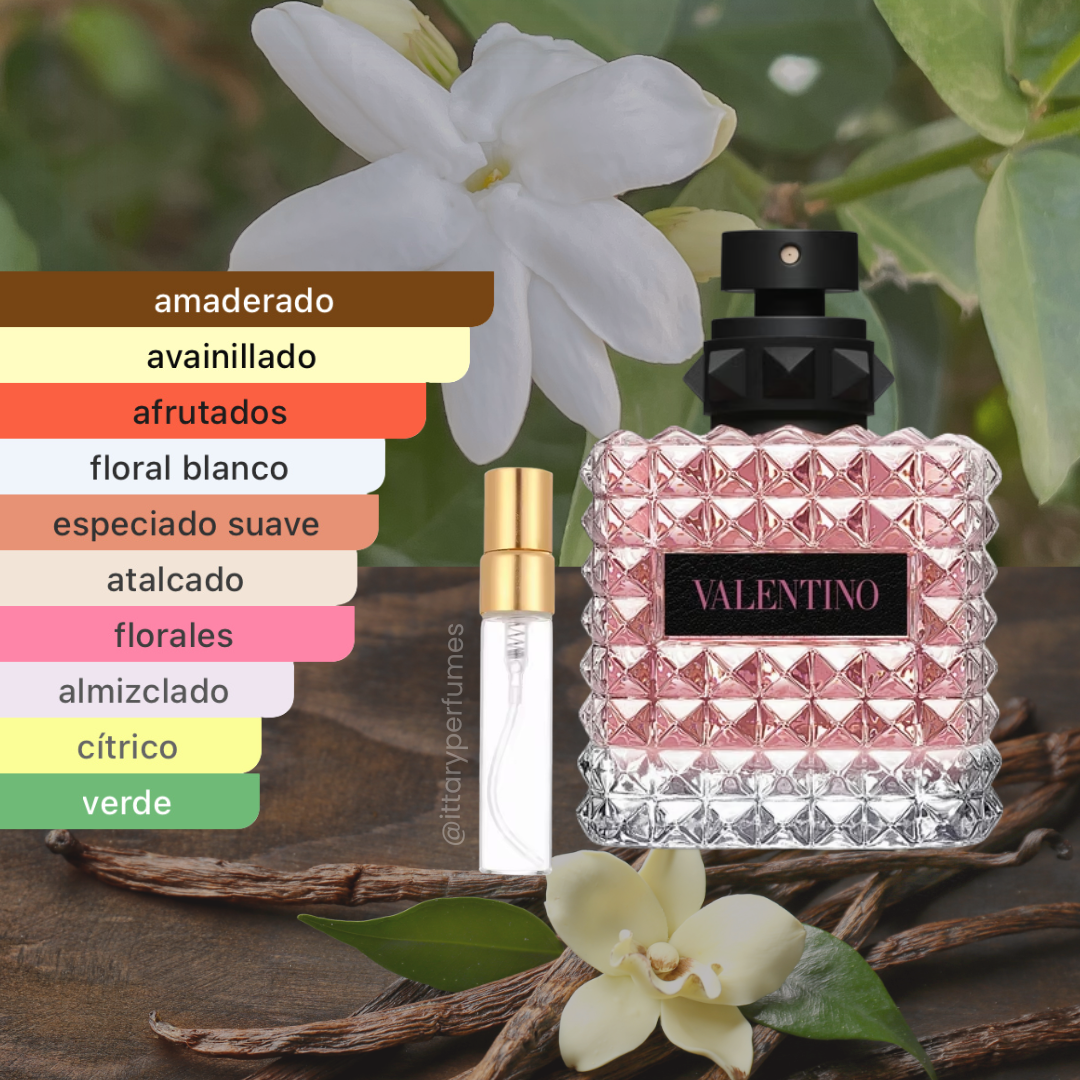 Decant de marca valentino, contiene 5 ml y su empaque es de color rosado, es un perfume para mujer
