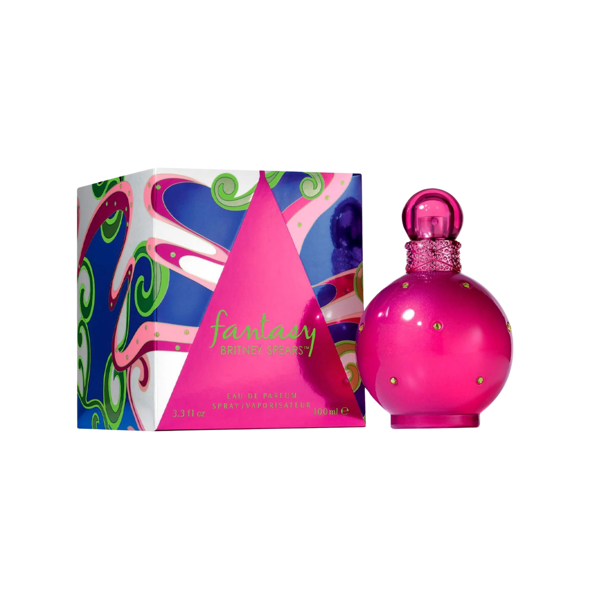 perfume de marca britney spears, contiene 100 ml y su empaque es de color fucsia con azul, es un perfume para mujer