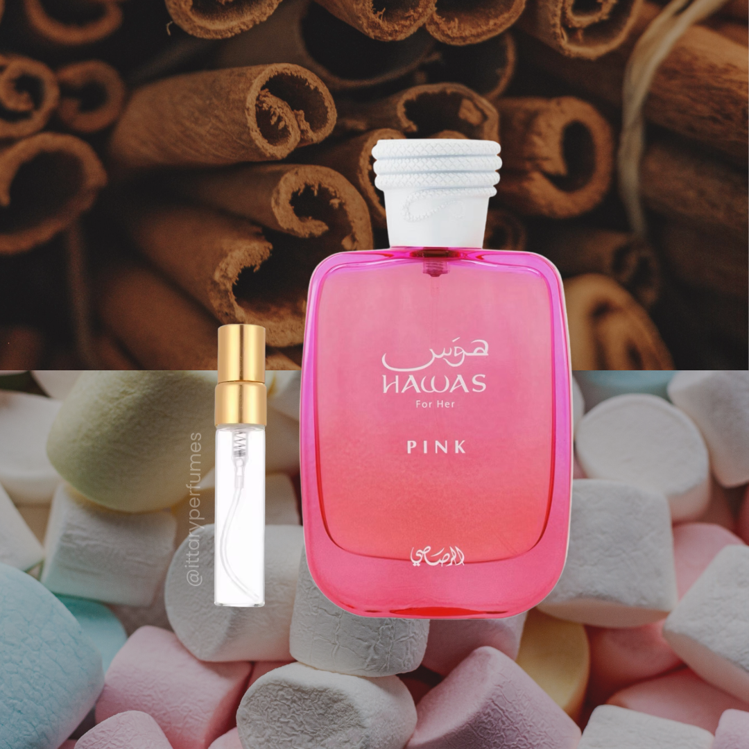 perfume de marca rasasi, contiene muestra de 5 ml y su empaque es de color fucsia, es un perfume para mujer