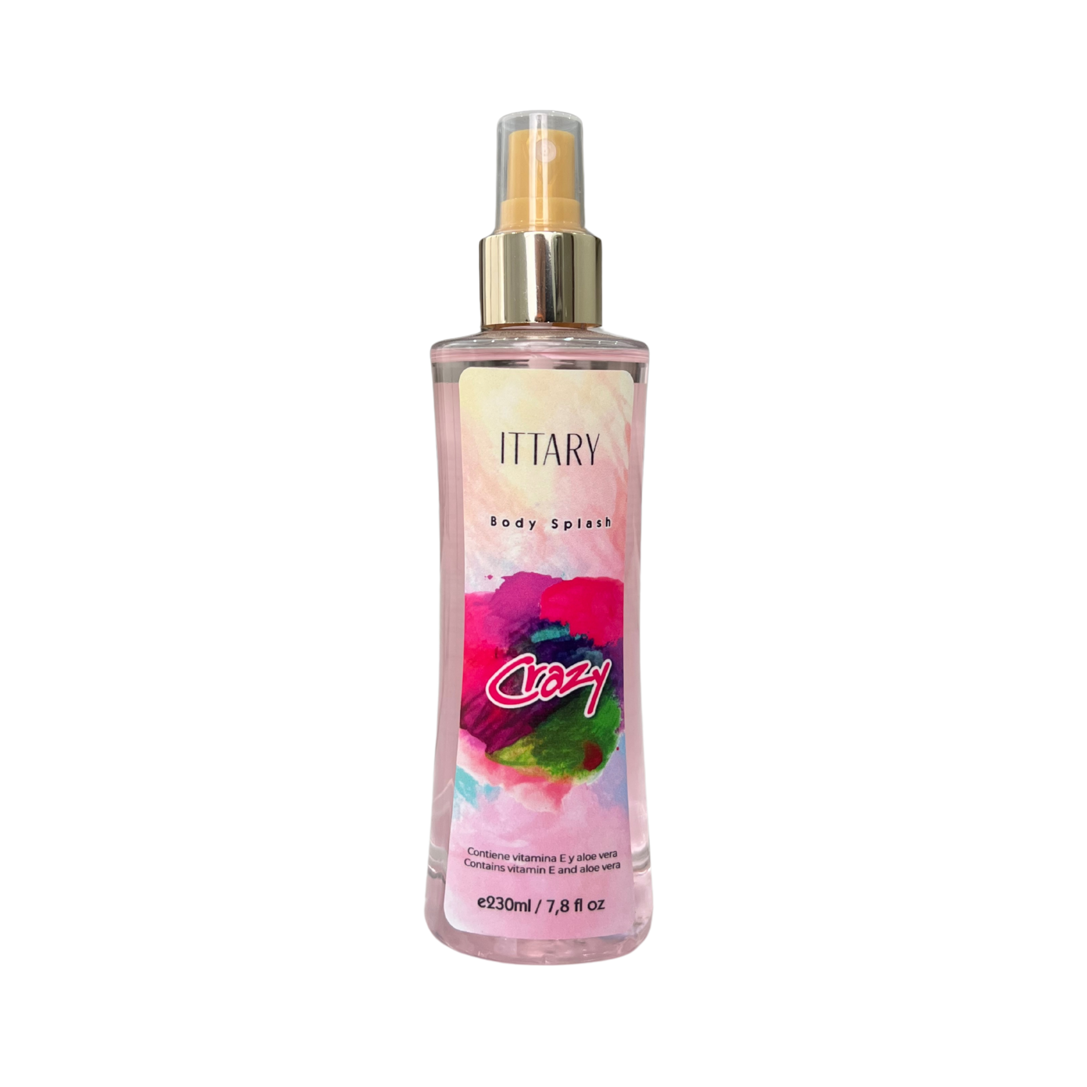 Body splash marca ittary con aroma floral frutal de color rosado con fucsia de 230 ml para mujer