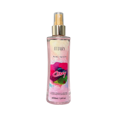 Body splash marca ittary con aroma floral frutal de color rosado con fucsia de 230 ml para mujer
