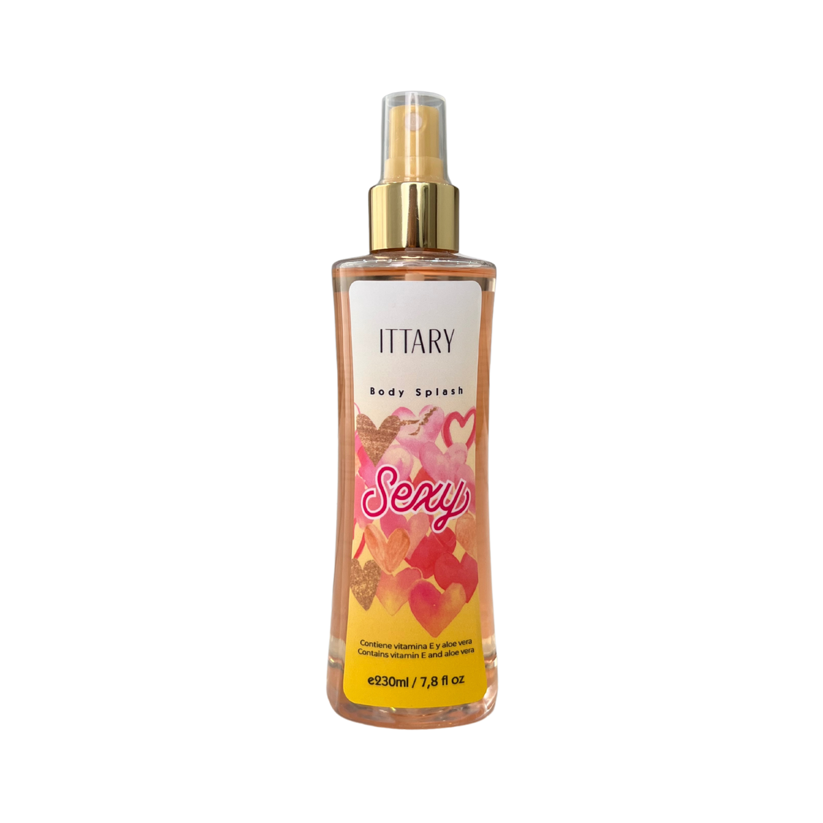 Body splash marca ittary con aroma floral frutal de color amarillo con fucsia de 230 ml para mujer