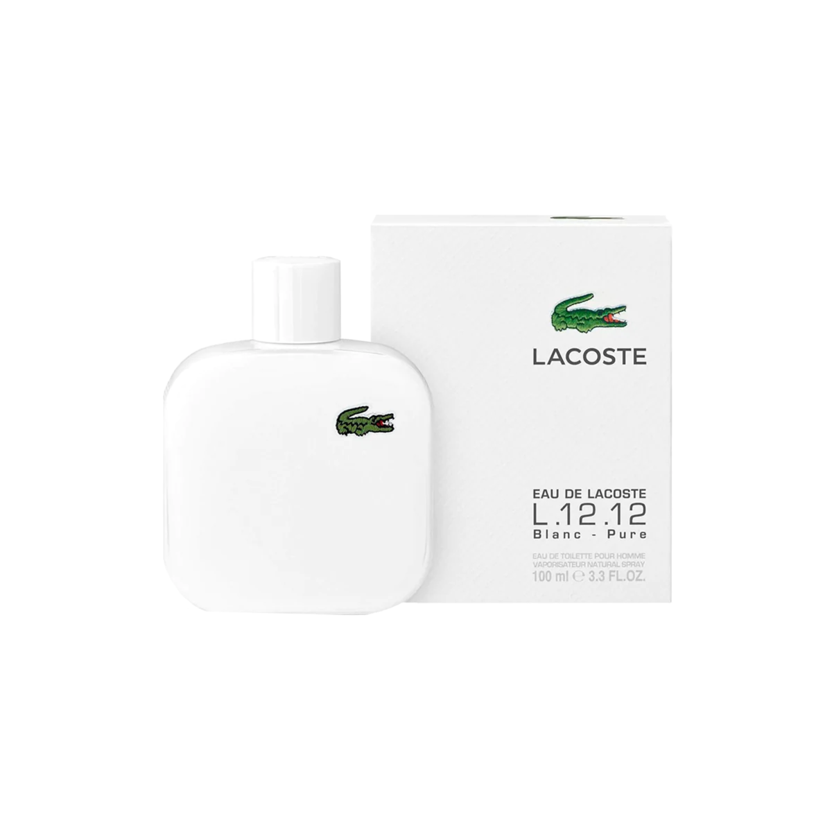 perfume de marca lacoste, contiene 100 ml y su empaque es de color blanco, es un perfume para hombre