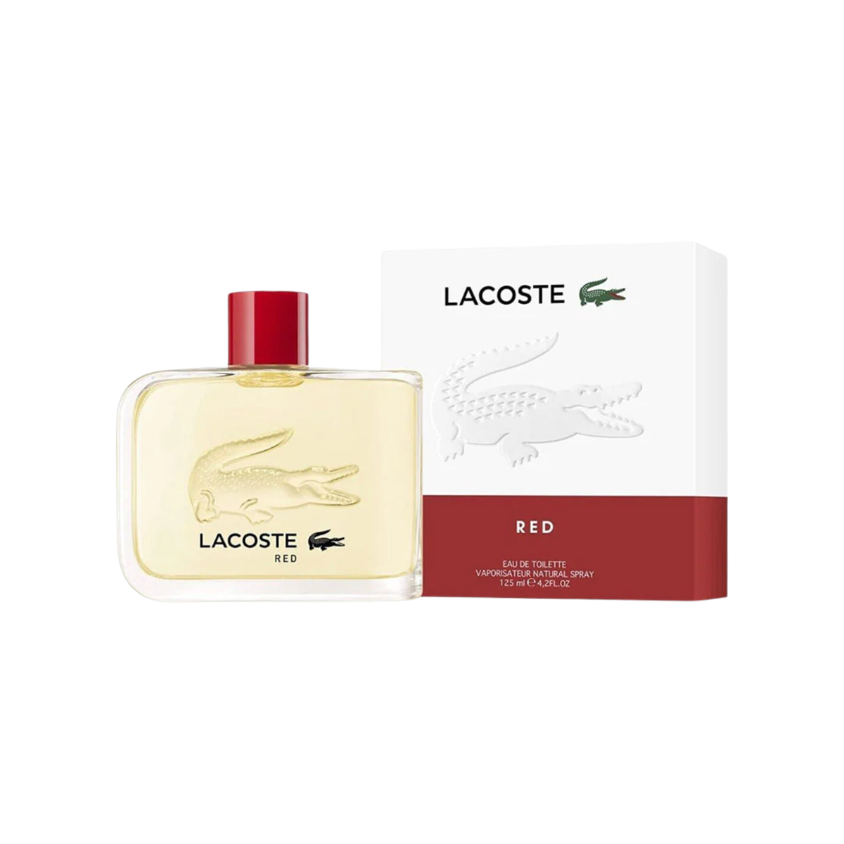 perfume de marca lacoste, contiene 125ml y su empaque es de color rojo con blanco, es un perfume para hombre
