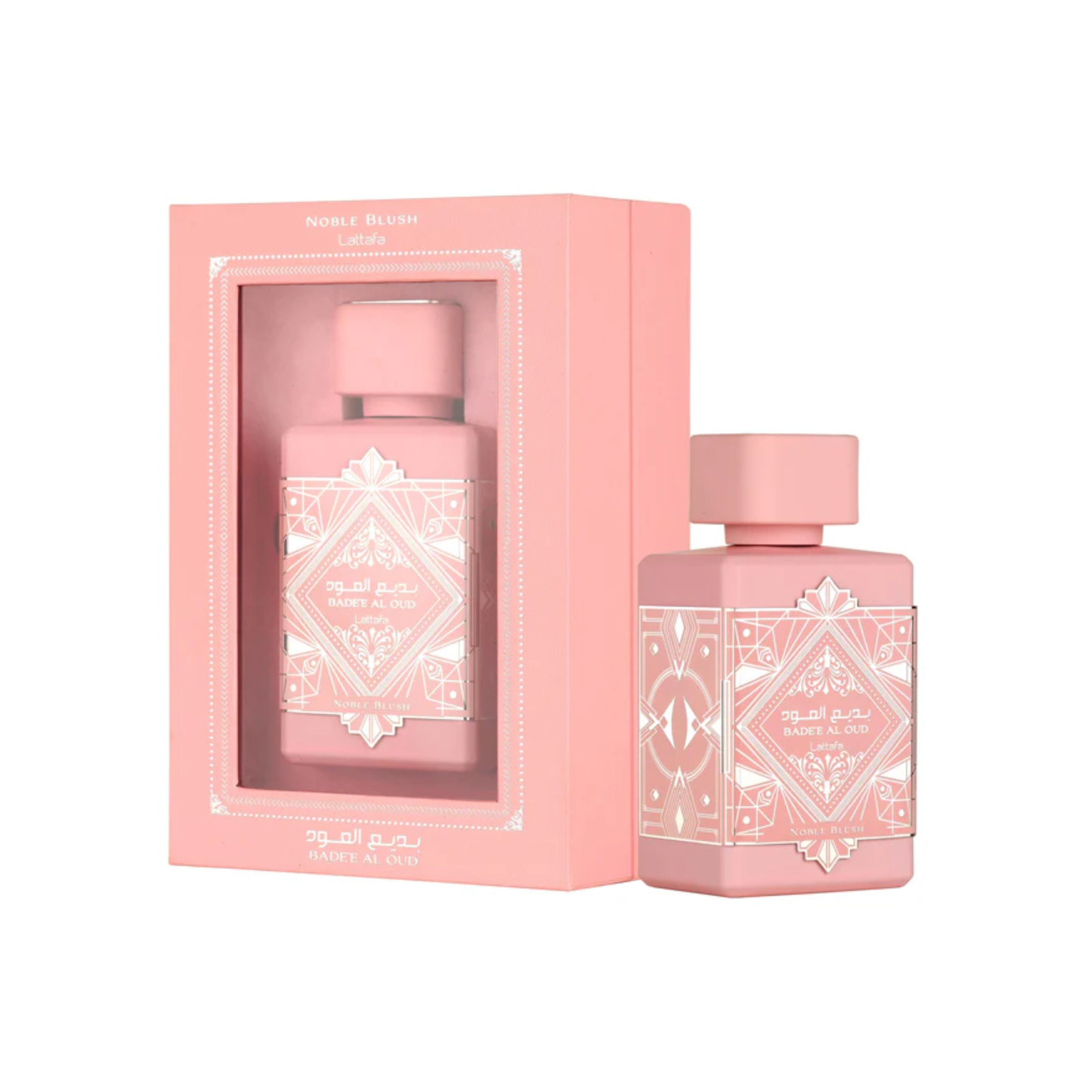 perfume de marca lattafa, contiene 100 ml y su empaque es de color rosado con plateado, es un perfume para mujer