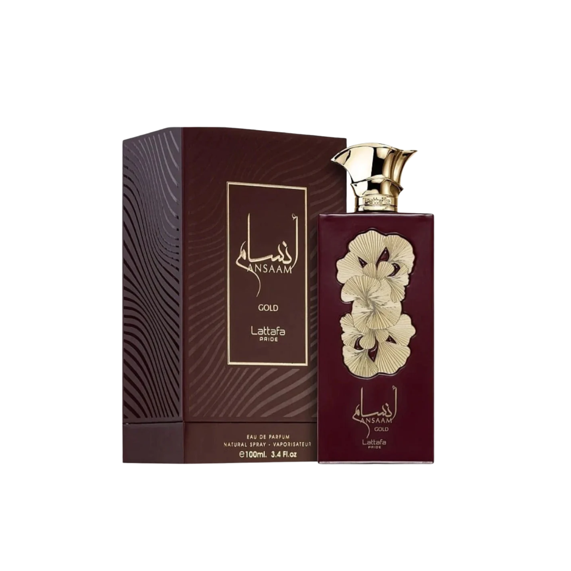 perfume de marca lattafa, contiene 100 ml y su empaque es de color vinotinto y dorado, es un perfume para mujer
