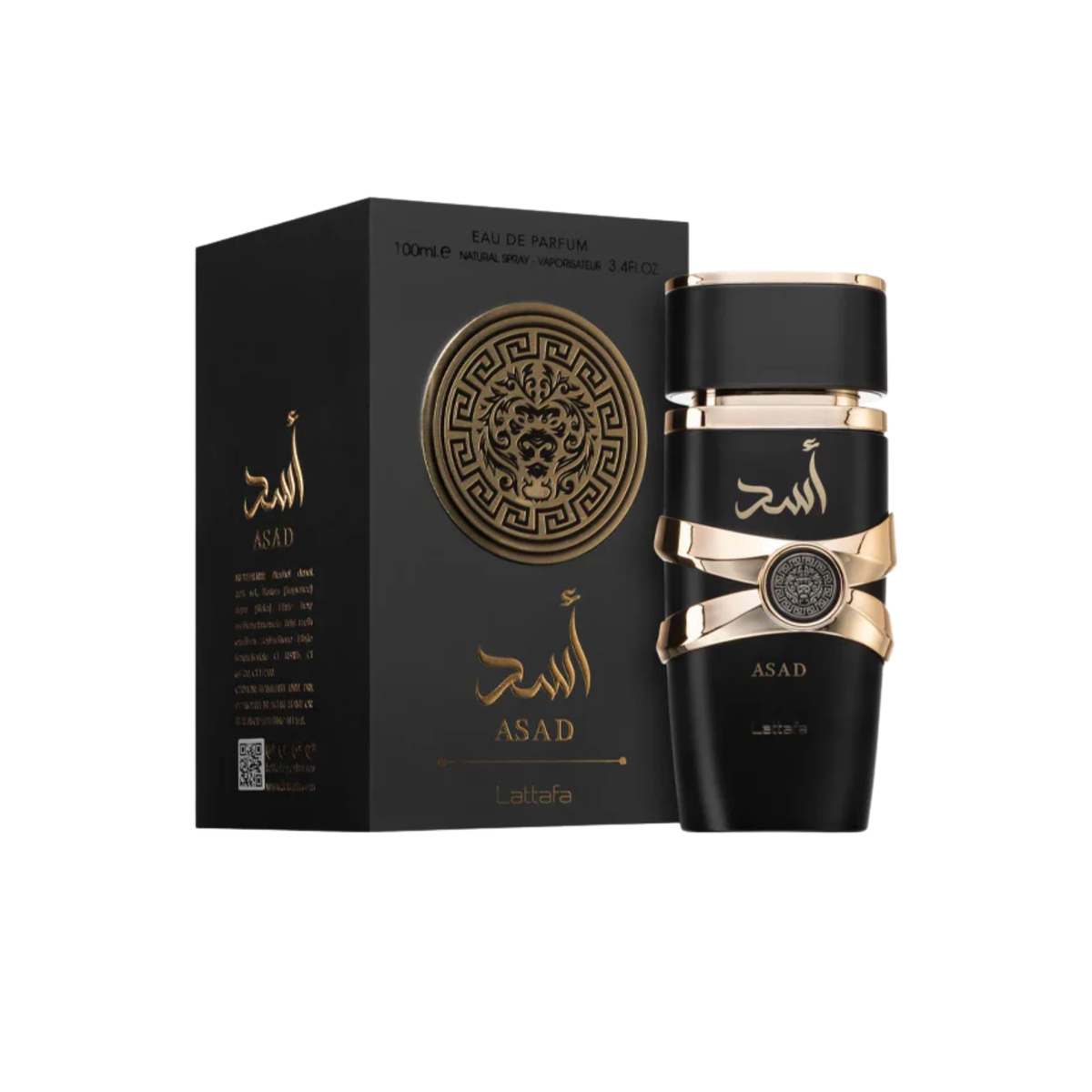 perfume de marca lattafa, contiene 100 ml y su empaque es de color negro con dorado, es un perfume para hombre