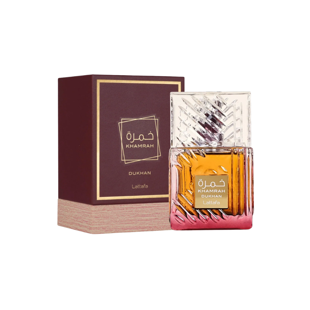 perfume de marca lattafa, contiene 100 ml y su empaque es de color rojo, es un perfume unisex