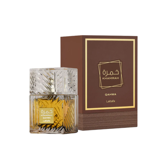 perfume de marca lattafa, contiene 100 ml y su empaque es de color cafe con dorado, es un perfume unisex