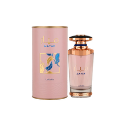 perfume de marca lattafa, contiene 100 ml y su empaque es de color rosado, es un perfume para mujer
