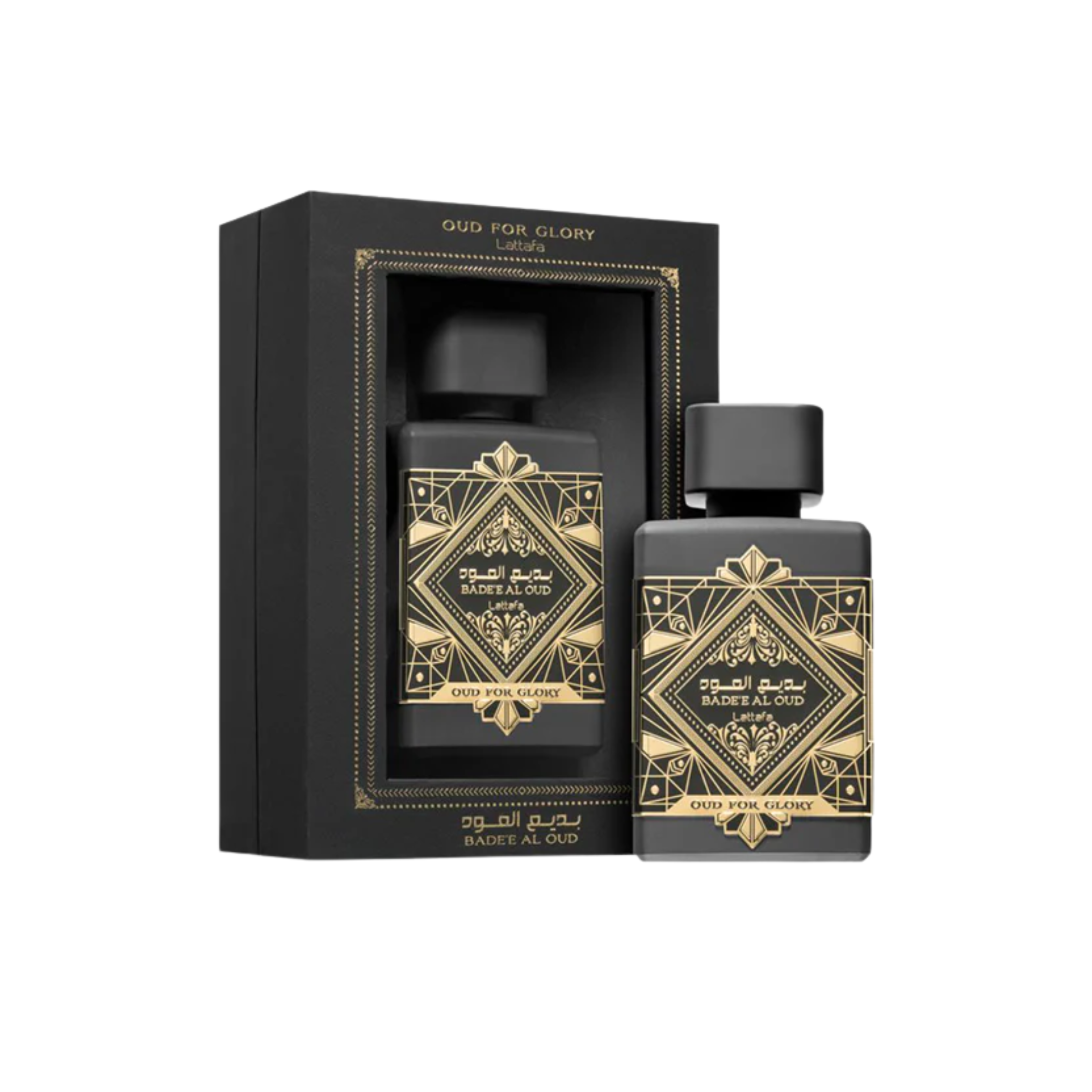 perfume de marca lattafa, contiene 100 ml y su empaque es de negro con dorado, es un perfume unisex